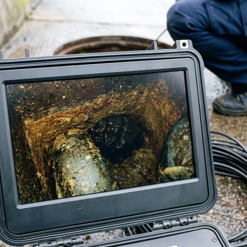 Monitor de la cámara de inspección mostrando el interior de una tubería en Noia