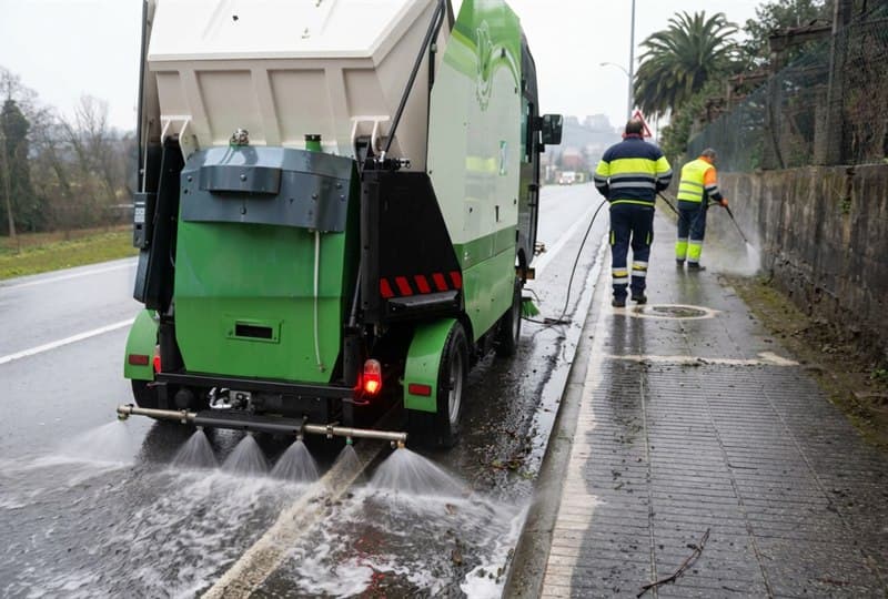 Camión con motobomba baldeando una calle del Barbanza