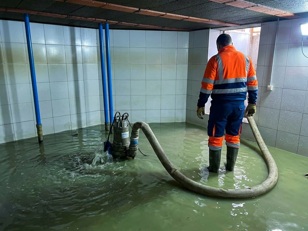 Bomba industrial achicando agua tras una inundación en un bajo de Noia