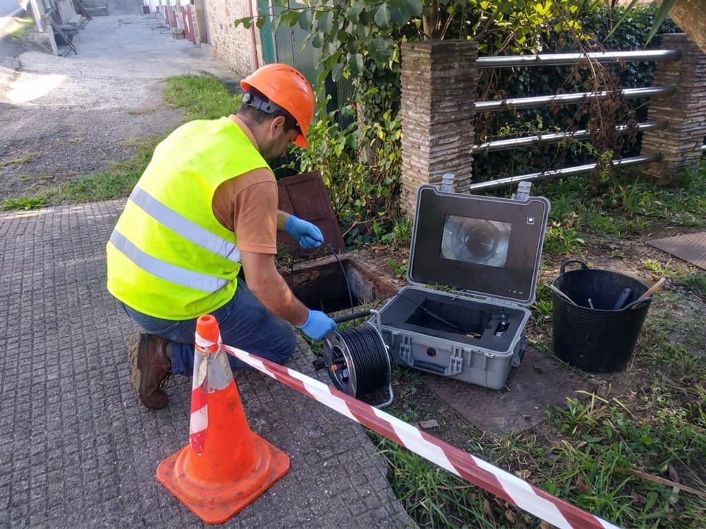 Técnico revisando una red de saneamiento con cámara en el Barbanza